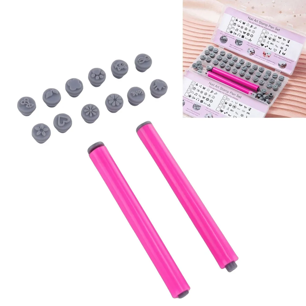 36PCS 48 In 1 Nail Stamp Pen Set Interchangeable Stamp Heads Floral Butterfly Rose Patterns Nail Art Stamp Pen