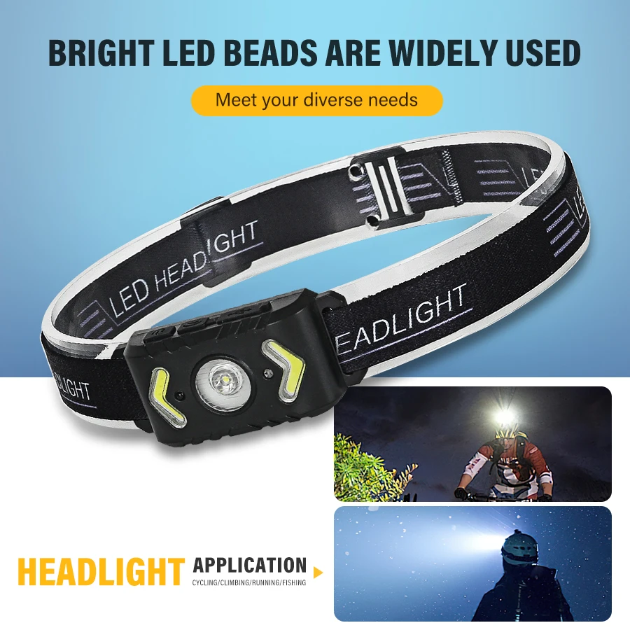 Portable Lightweight COB LED Sensor Headlamp Built-in Battery Type-C Rechargeable Head Torch 5 Lighting Modes Camping Headlight