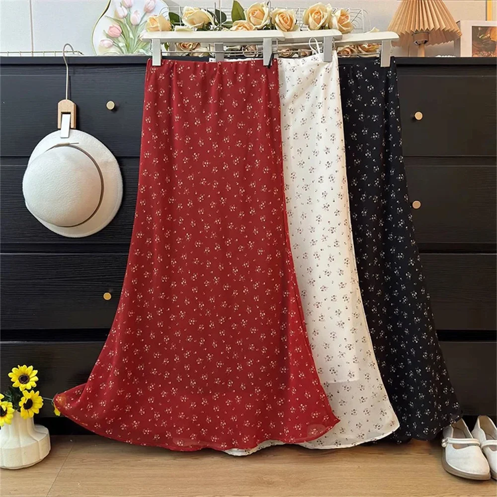 Chiffon Floral Skirt For Women Summer Drapey Chiffon Hip-hugging Black Fishtail Skirt Red Printed Midi Skirt Ladies Saia