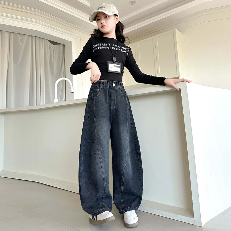 الفتيات المرقعة الجينز 2025 الخريف نمط جديد في سن المراهقة الأطفال فضفاض واسعة الساق الدنيم السراويل ملابس الأطفال #4