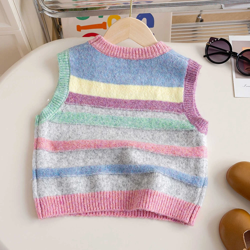 Cute Knitted Vest for Kids Baby Girls Spring Autumn Colorful Striped Sleeveless Pullover Sweaters Top Children Clothes Waistcoat