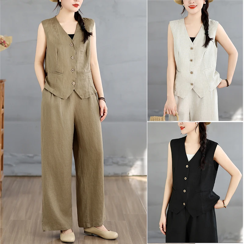 

High-End Large Size Women's Cotton Linen Vest Summer New Style Thin Sleeveless Jacket Top Artistic Commute Style Pure Color
