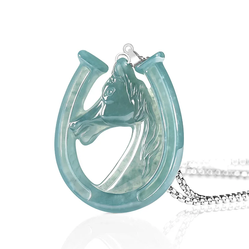 S925 Silver Natural Blue Water Jade Horse's Hoof Pendant Necklace Carved Charm Jadeite Jewelry Fashion Amulet Gift Certificate