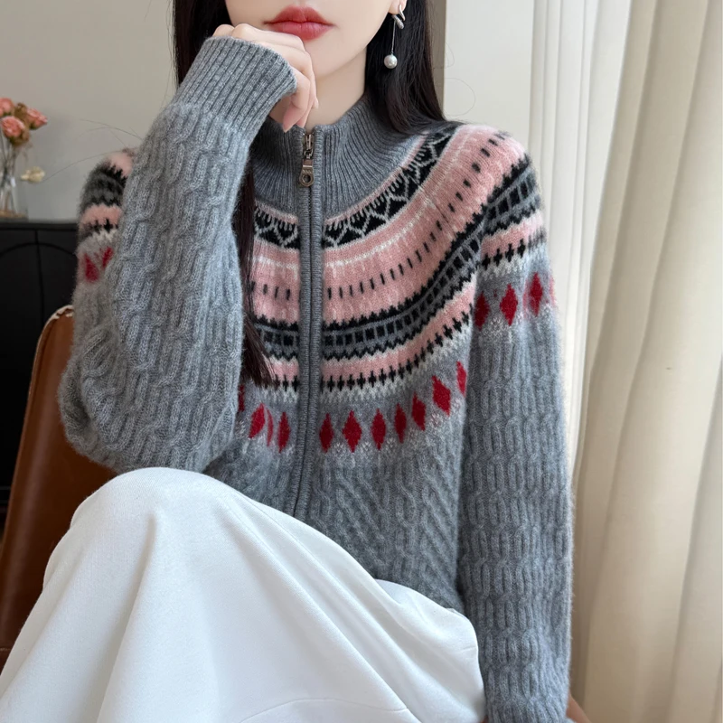 Nouveau pull en laine pure 100 % pour l'automne/hiver, cardigan en tricot à col montant épais de calibre sept avec fermeture éclair double et veste jacquard