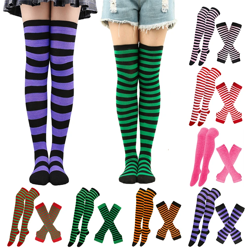 1 Set Women Girls Over Knee Long Stripe Printed Thigh High Cotton Socks Arm Sleeve Gloves Sweet Cute Plus Size Overknee Socks