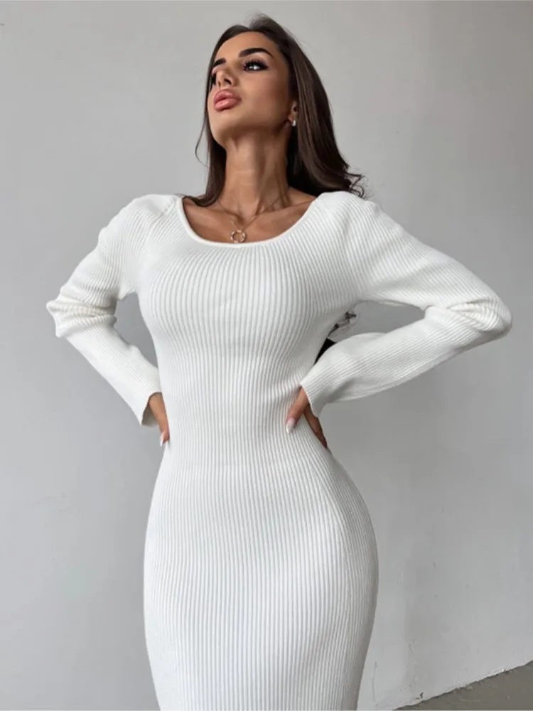 White Long-sleeved Chest Wrapped Hollow High Waist Slim Dress Clothes Knee Skirt Rib Fabric Dresses For Women Autumn Vestidos