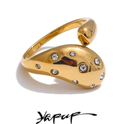 Yhpup Stainless Steel Open Adjustable Fashion 18K Gold Color Ring with Cubic Zirconia Chic Charm Finger Jewelry for Women Gift