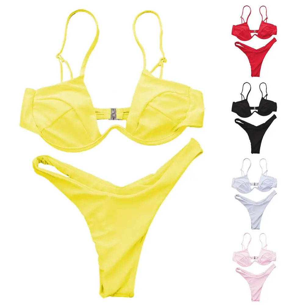 Bikini Set Underwire Sexy Solid Color Women Swimsuit Bikini Bra Underwired G-string Briefs Beach Set