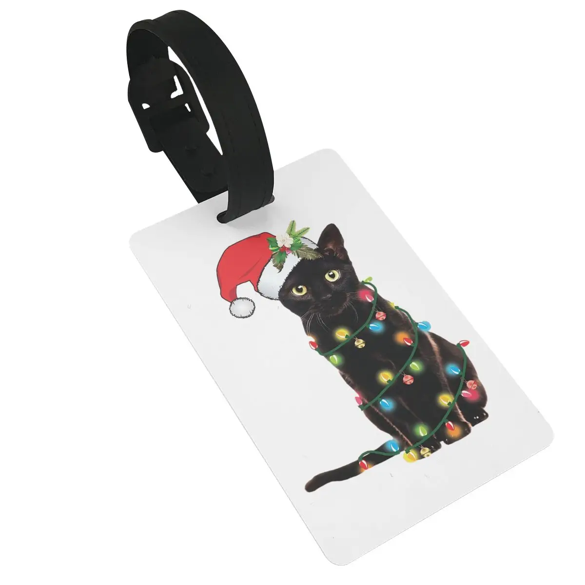 Black Santa Cat Tangled Up In Lights Christmas Santa Luggage Tags Suitcase Accessories Travel Baggage Boarding Tag Portable