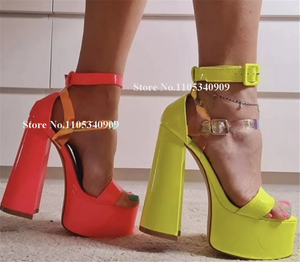 Bondarenko Yellow Rose Pink Patent Leather Chunky Heel Sandals PVC Straps High Platform Block Heels Party Pumps Dance Shoes