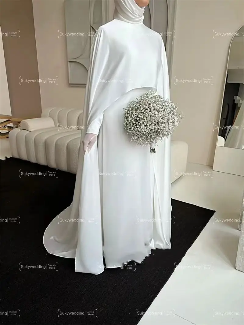 Customized Modest White Muslim Wedding Dresses with Cape Bride Dress with Long Sleeves Woman Bride Civil Bridal Gowns