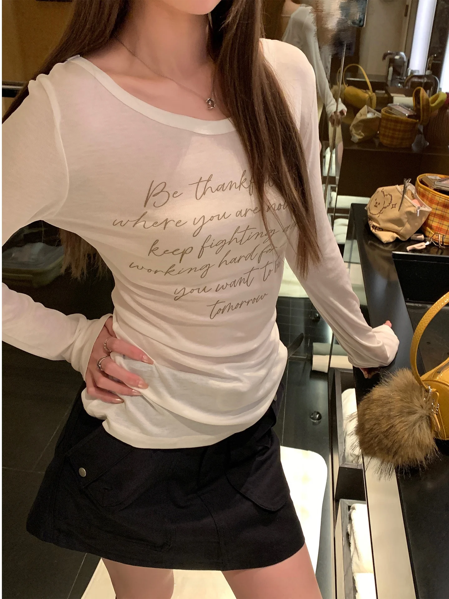 

Женская футболка Slim Fit с длинным рукавом и круглым вырезом в американском стиле, модная, весна-лето, новинка, с принтом, повседневный топ