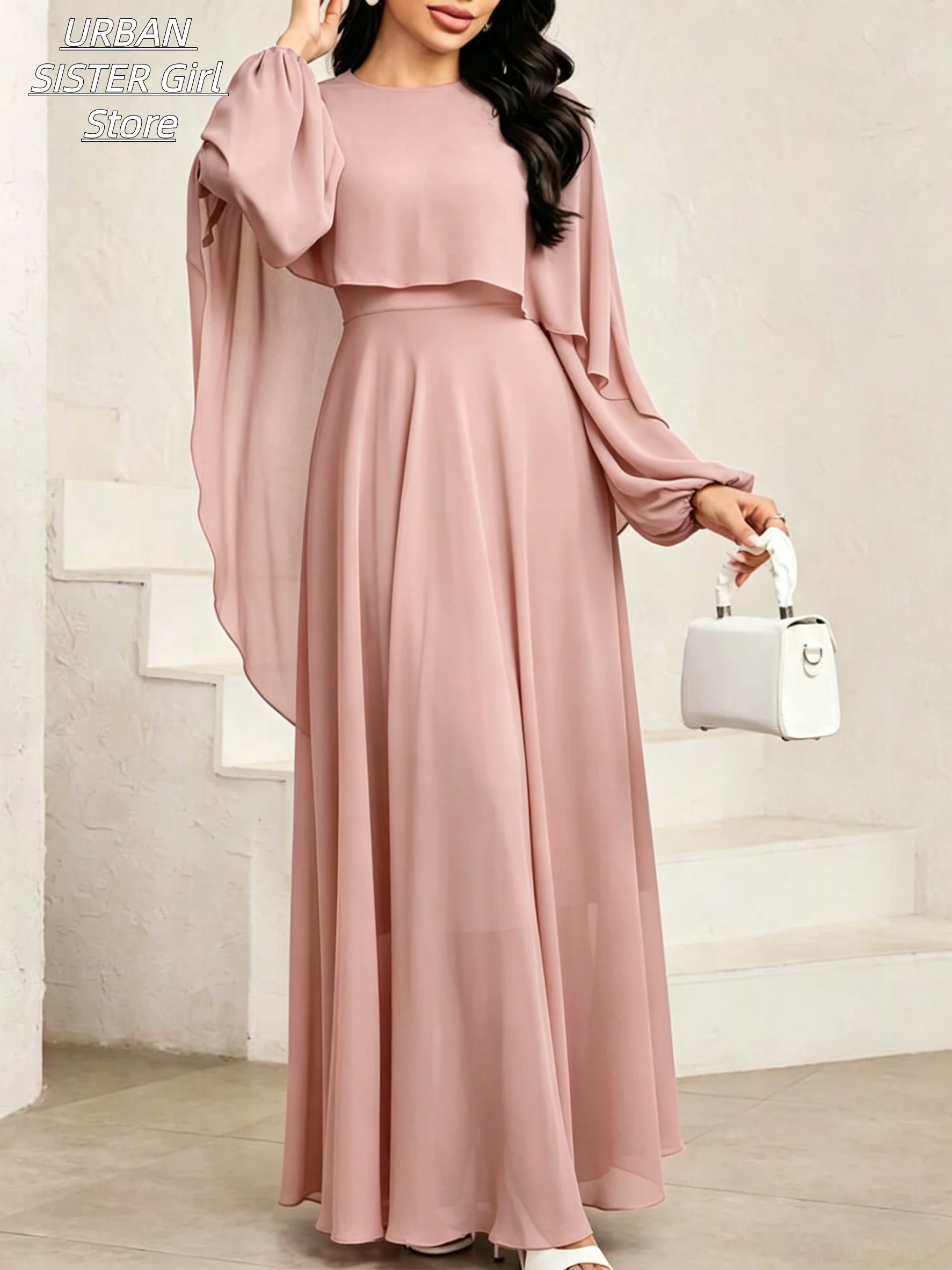 Nude Pink Round-Neck Cape Shawl Puff Long-Sleeve High-Waist Flowing Chiffon Long Dress, Elegant and Figure-Flattering Wedding Bridesmaid Banquet Gown view 6