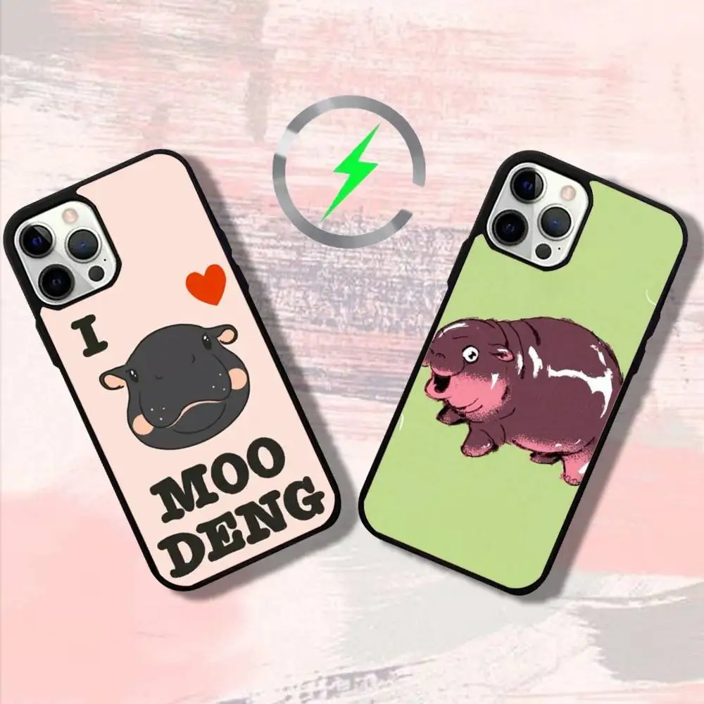 

Cartoon Moo Deng Hippo Phone Case For iPhone 16,15,14,13,12,11,Pro,Max,Plus,Mini,SE4,E Magnetic Magsafe Wireless Charging