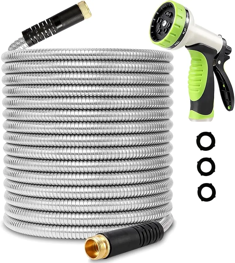 

Flexible Metal Garden Hose 75ft-Heavy Duty Water Hose with Durable 304 Stainless Steel and 10 Way Spray Nozzle-Strong 3/4'' Soli