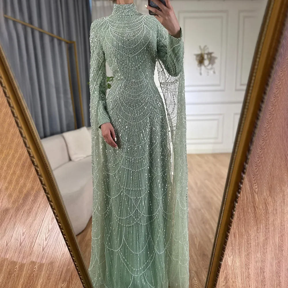 Customized 2026 Muslim Nude Mermaid Cape Sleeves Luxury Evening Gown Pearls Beaded Dress for Women's Party Prom Dresses