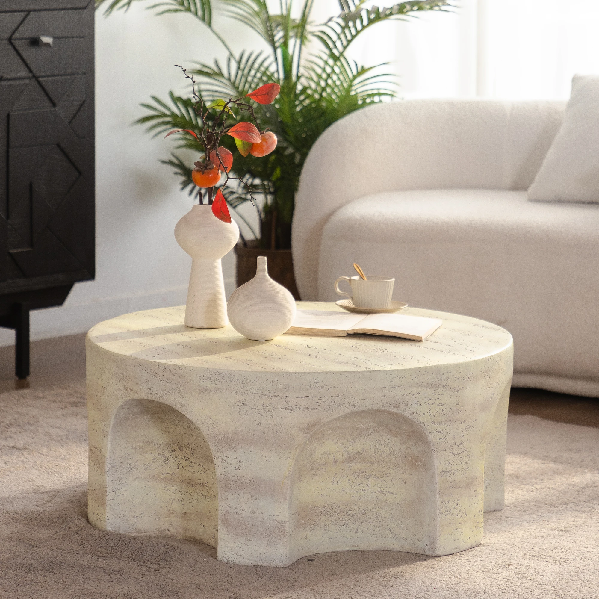 Modern Minimalist Accent Coffee Table Unique Arched Cutout Base Eco-Friendly No Assembly Required Living Room Furniture