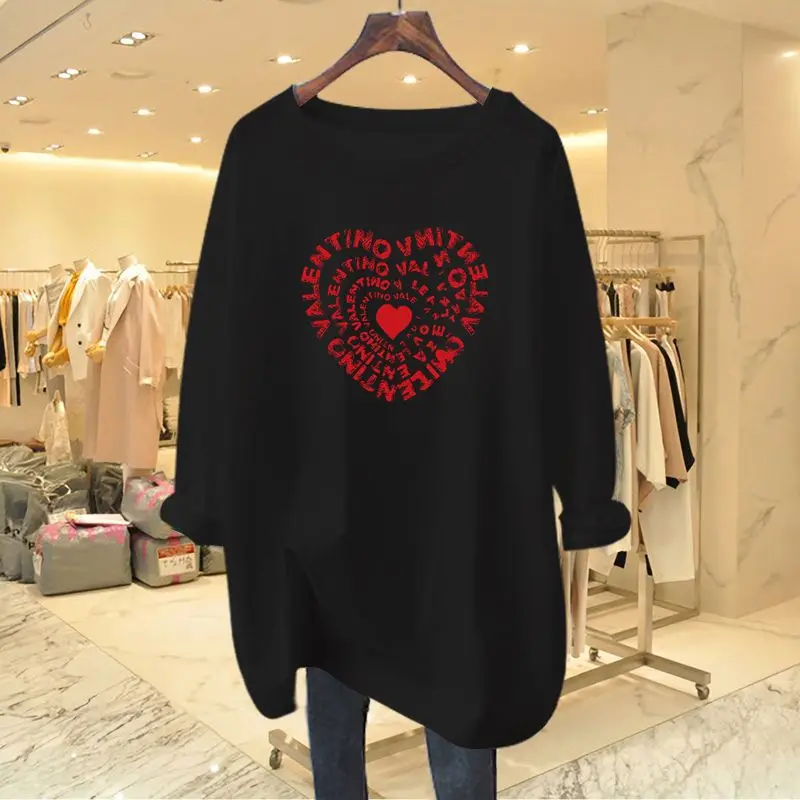 Women Clothing American Vintage Hand-Painted Print T-shirt Spring Autumn Fashion Casual O-neck Long Sleeve Top Tees 35-100Kg