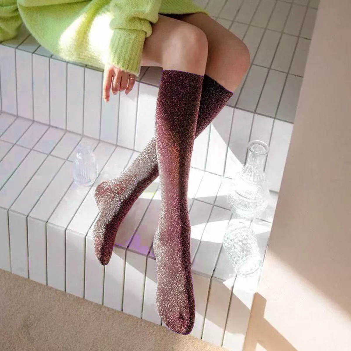 Women's Fashion Sexy Shiny Socks Korean Style Gold Silver Silk Socks Luxury Design High Quality Off Knee Stockings Socks