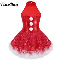 Kids Girls Sequins Christmas Costume Snowman Cosplay Feathers Trim Xmas Party Figure Skating Dance Tutu Dress Ballet Leotard