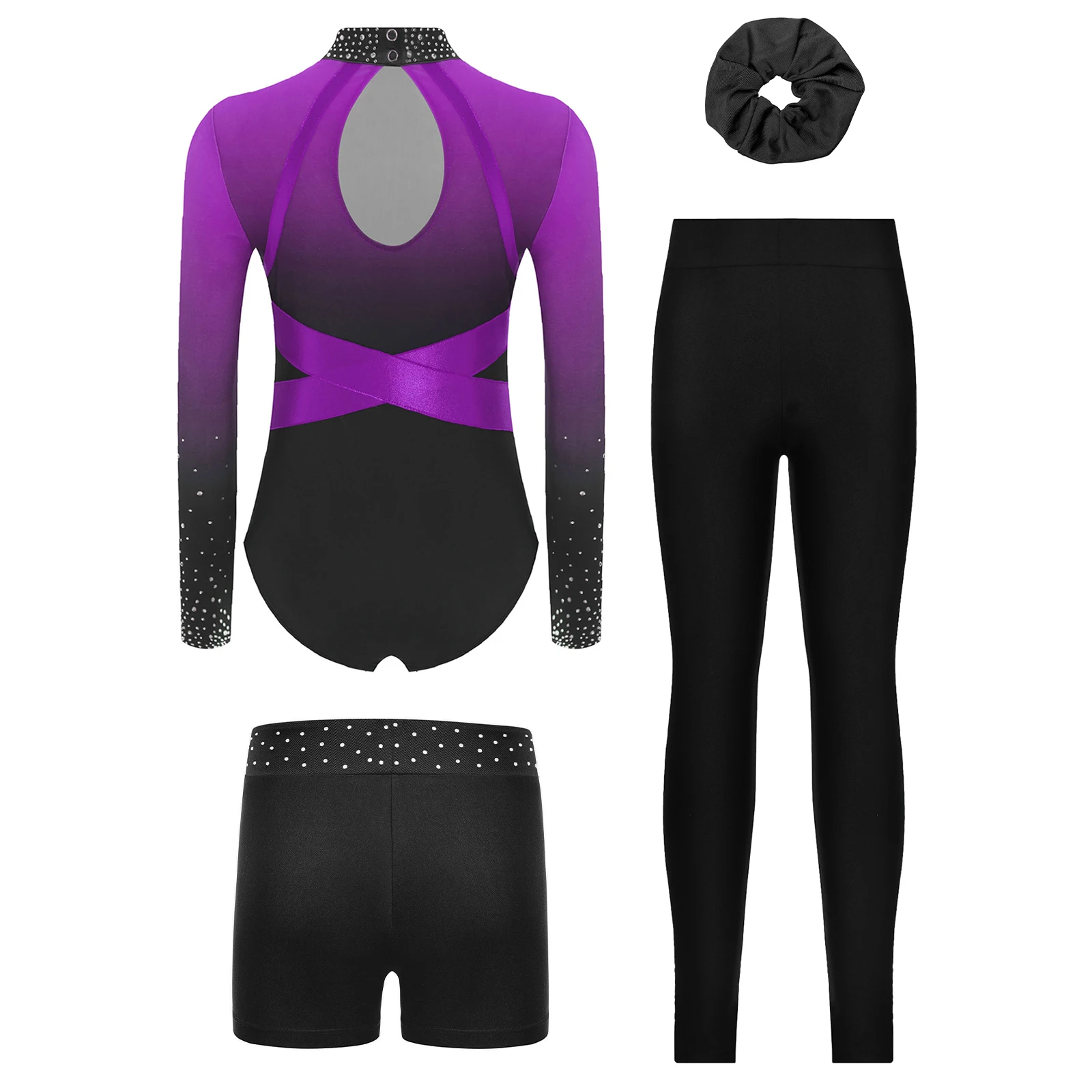 4개/세트 어린이 소녀 체조 요가 발레 댄스 의상 긴 소매 컬러 블록 레오타드와 반바지 레깅스 및 헤드웨어