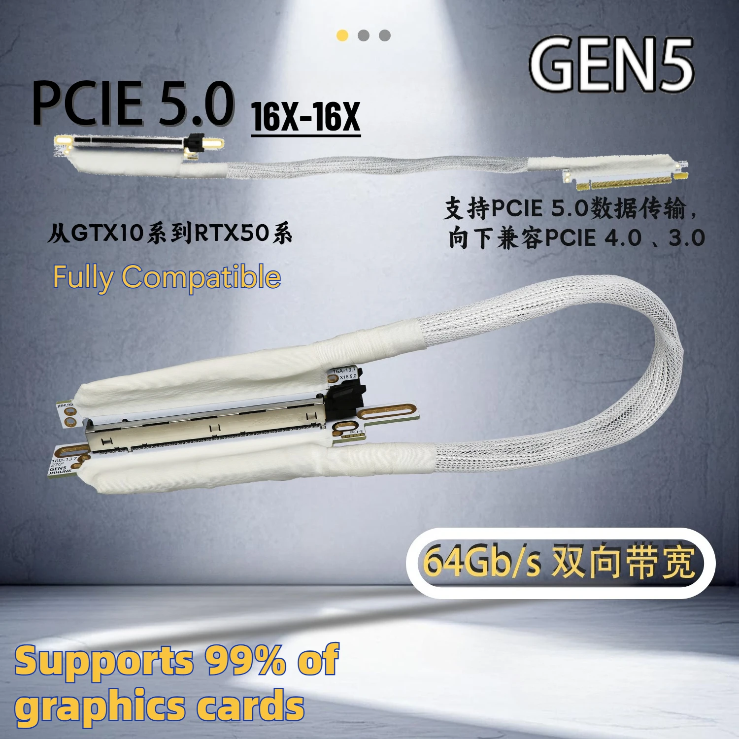 

30CM-60CM White PCI Express 5.0 x16 Vertical 270 Bending Graphics Card Extender Cable for Chassis Server NVIDIA RTX50 AMD RX79xx