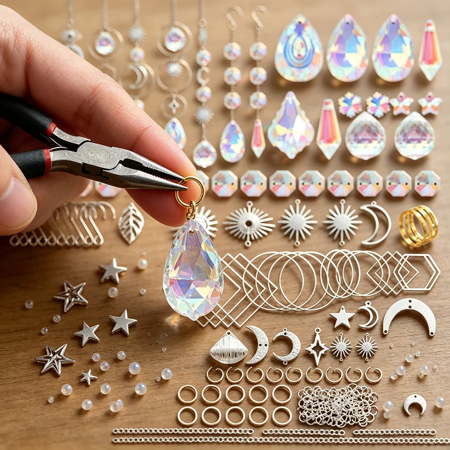 1Set DIY Crystal Suncatcher Making Kit Rainbow Maker Ornament Craft Supplies for Home Garden Decor Wind Chime Accessories
