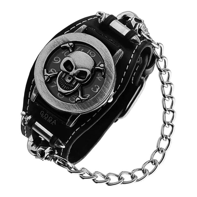 2025 New Product Launch Punk Style Silver Skull Quartz Men's Watch Waterproof Sports Leather Watches for Men