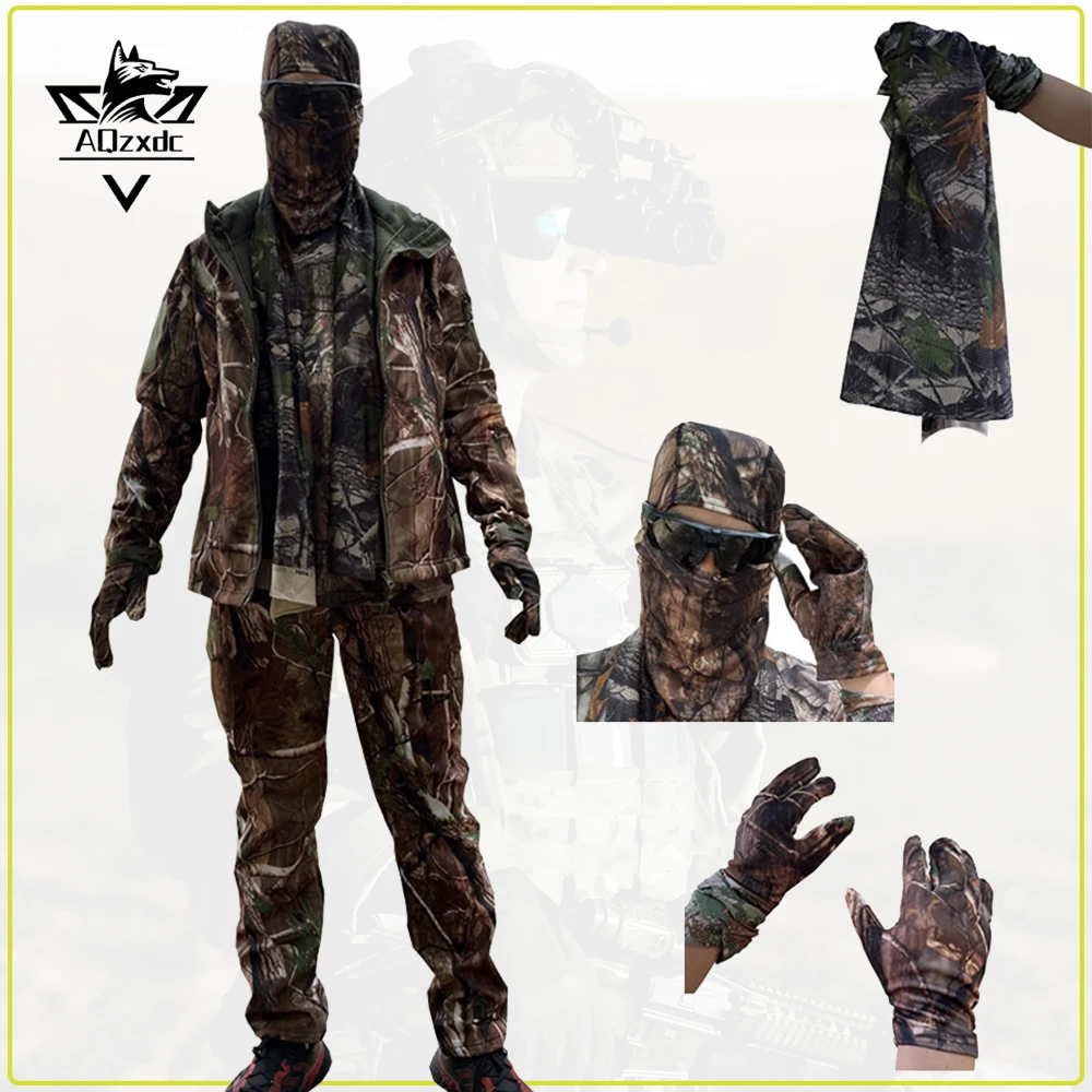 Tactical Hunting Jacket Set Airsoft Winter Warm Waterproof Large Leaf Camouflage Clothing with Pants Jackets for Outdoor Fishing