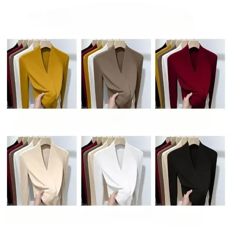 Herbst Winter Neue T-Shirts Frauen Solide V-ausschnitt Plus Samt Verdicken Warme Mode Langarm Schlank Pullover Bodenbildung Shirt Tops – Detail 3