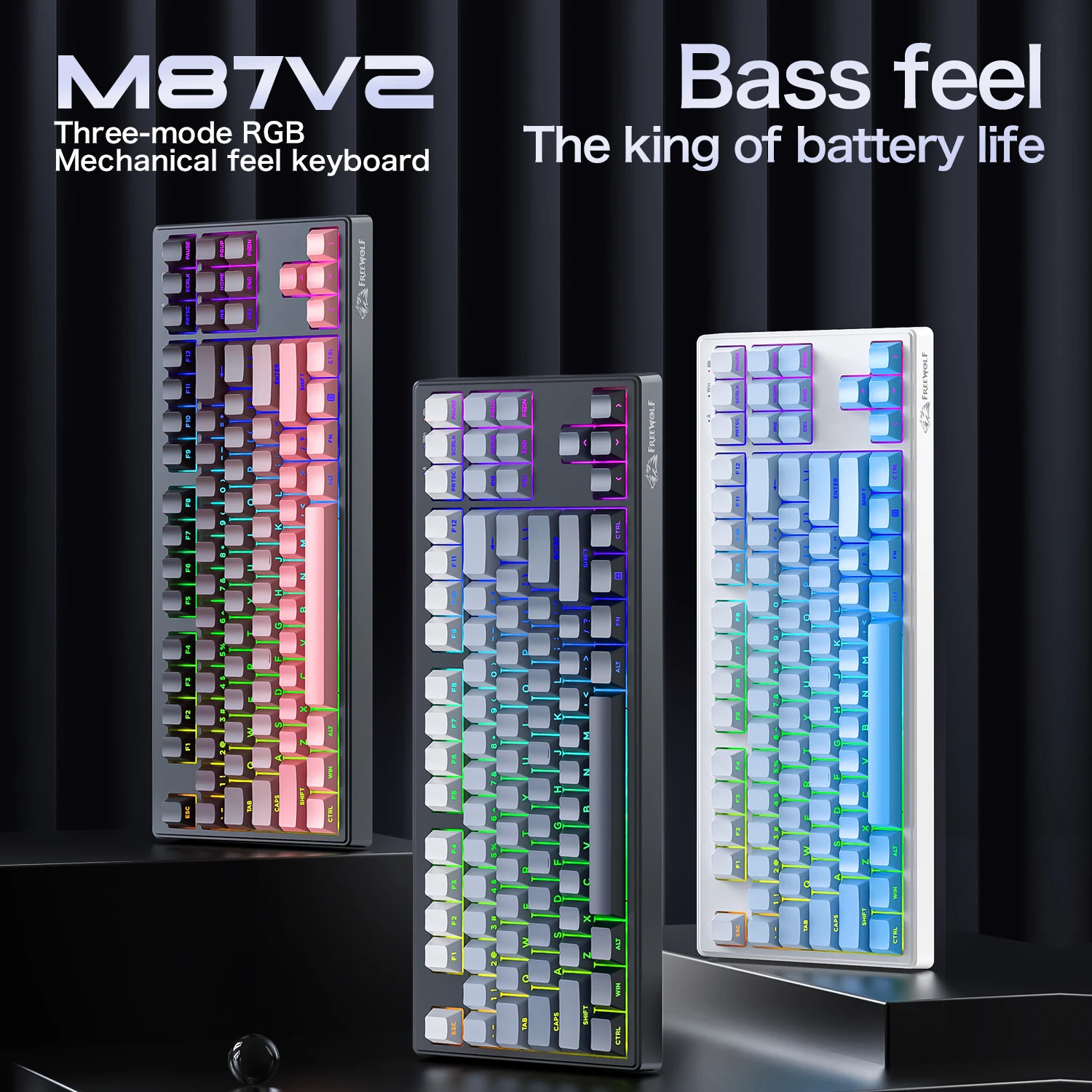 FREEWOLF M87v2 Wireless Gaming Keyboard, RGB 87-Key TKL PBT Keycaps, Silent, Tri-Mode Bluetooth/2.4G/Wired, Large Battery
