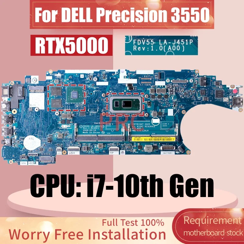 For DELL Precision 3550 Laptop Motherboard 0XK86F 0JNF4J LA-J451P I7-10510U I7-10610U RTX5000 Notebook Mainboard