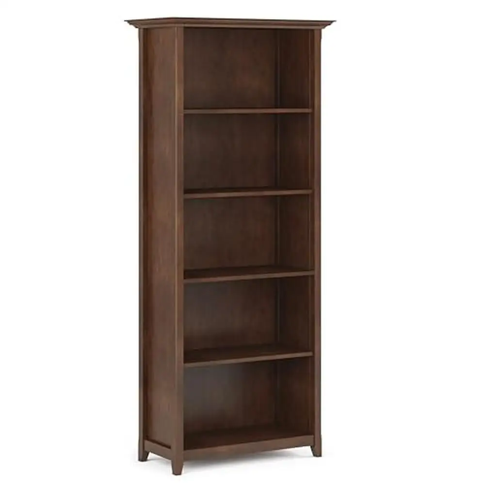 Transitional Solid Wood 5 Shelf Bookcase with Russet Brown Stain Versatile Storage Office Living Room Handcrafted Pine and