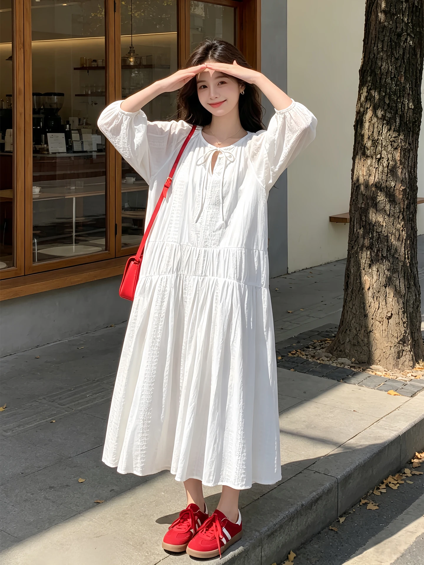 Muted Beige Women's Dress Artistic Loose Casual Anti-aging Long Skirt Autumn Design Sense Polyester Fiber Breathable Long Sleeve
