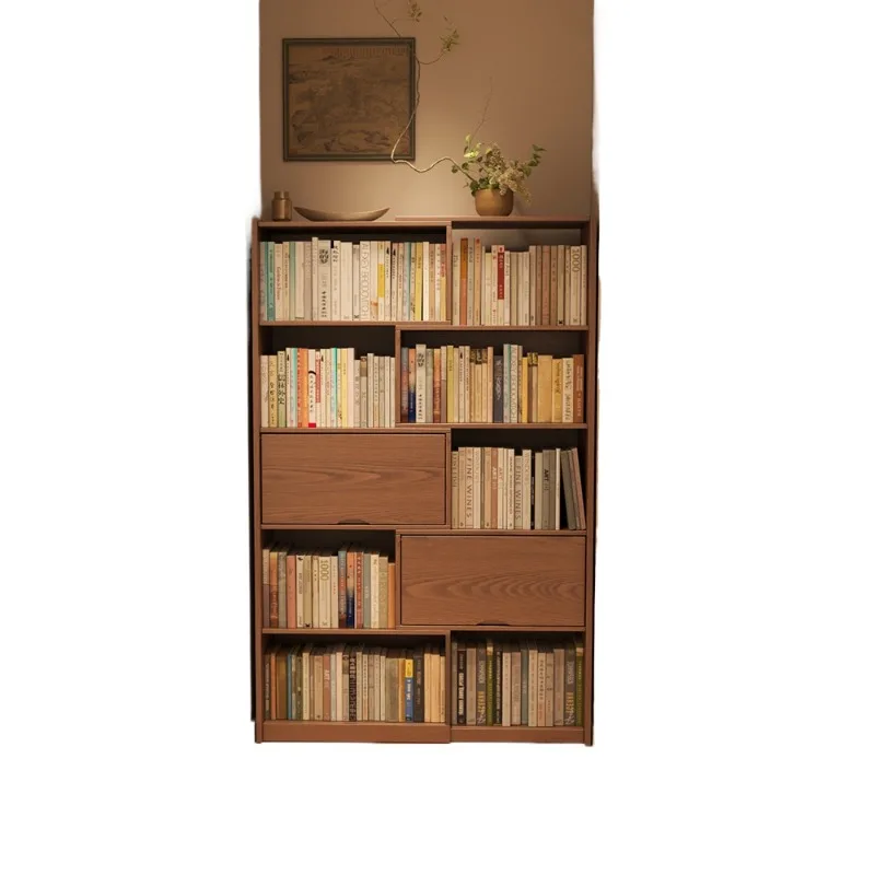 Solid wood bookcase free combination lattice cabinet, living room floor shelf, retractable display cabinet bookshelf integrated