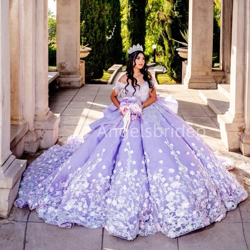 فساتين Angelsbride-Quinceanera مع زخارف وشرابة بيضاء ، فستان كرة اللافندر الرائع ، 15