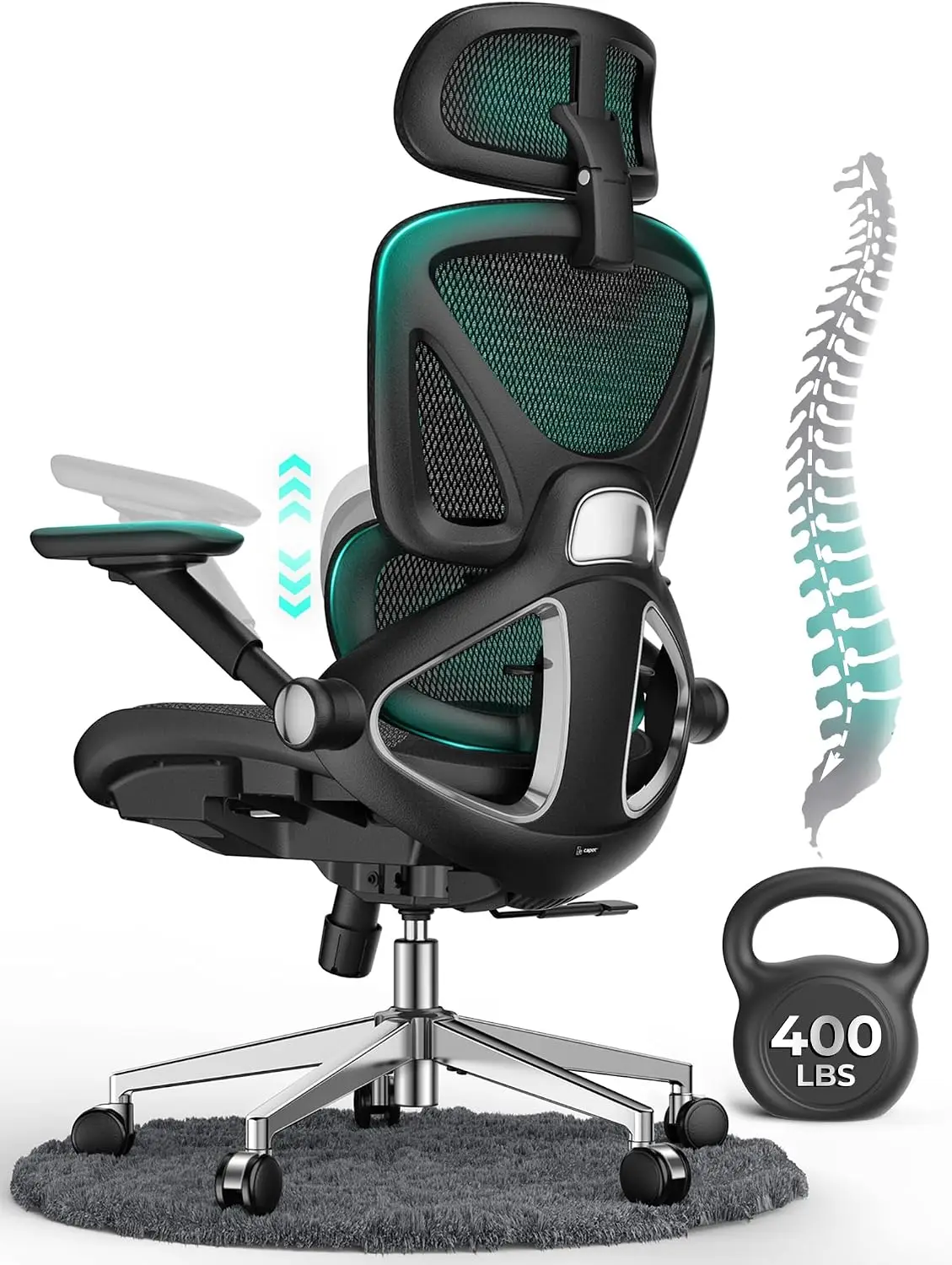 Ergonomic Mesh Office Chair, Adjustable Lumbar High Back Desk Chair 400lbs, 4D Flip-up Arms, 3-Level Tilt Backrest, 3D Headrest,