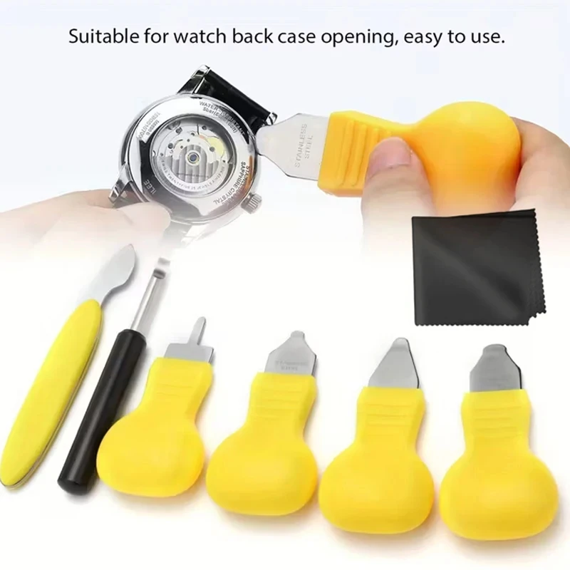 7-Piece Watch Back Cover Disassembly Kit, Watch Pry Knife+Unboxing Knife+Watch Wiping Cloth, Watch Repair Tool Set