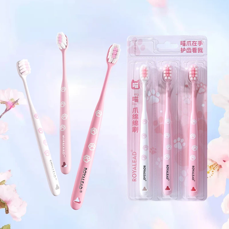 3PCS Adult Soft Bristled Toothbrush Pink Cat Claw Small Head Toothbrush Clean and Protect Gums Teeth Whiteing Individual Packing