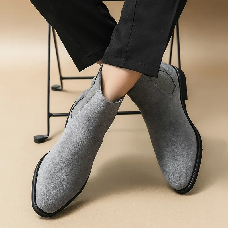 New Gray Chelsea Boots for Men Faux Suede Flock Business Mens Short Boots Ankle Boots for Men