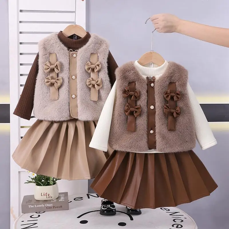 

Hot Girls Three Piece Set with Furry Vest Fleece Lined for Baby Girls Autumn Winter Academic Style New Style Preppy Fashion 2026