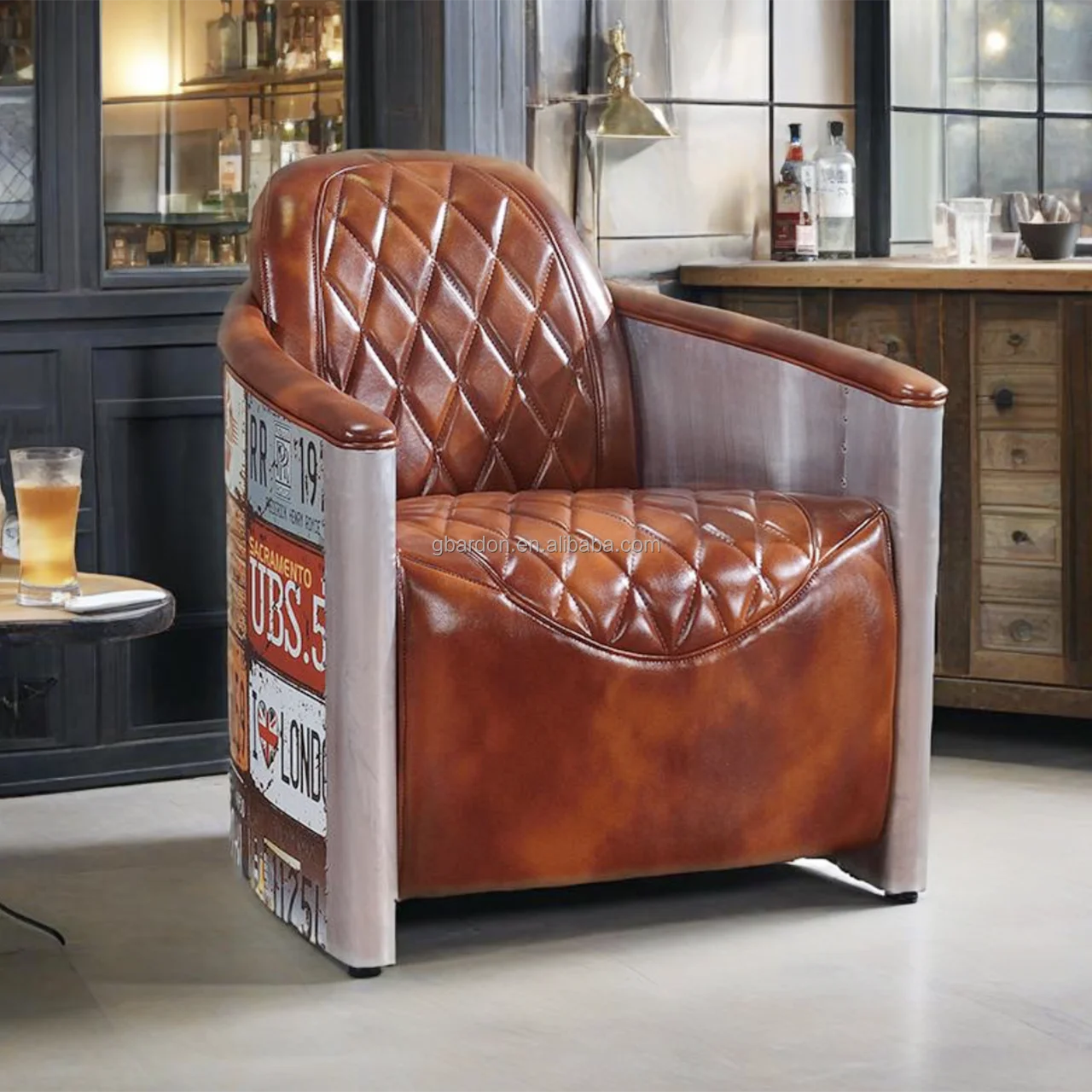 Handmade New Arrival Brown Synthetic Leather Industrial Style Antique Lounge Chair Eco-Friendly Commercial Home Bar Set