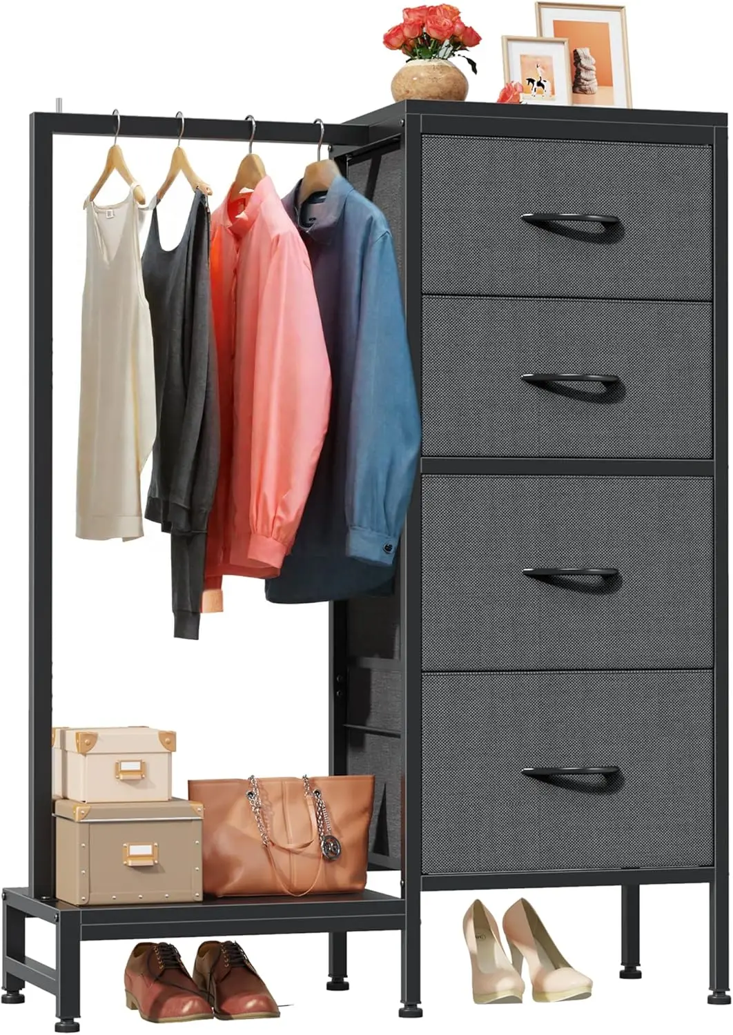 

Reversible Fabric Dresser with Hanging Rack, 4 Drawers Tall Storage Tower for Bedroom, Grey, 44''H