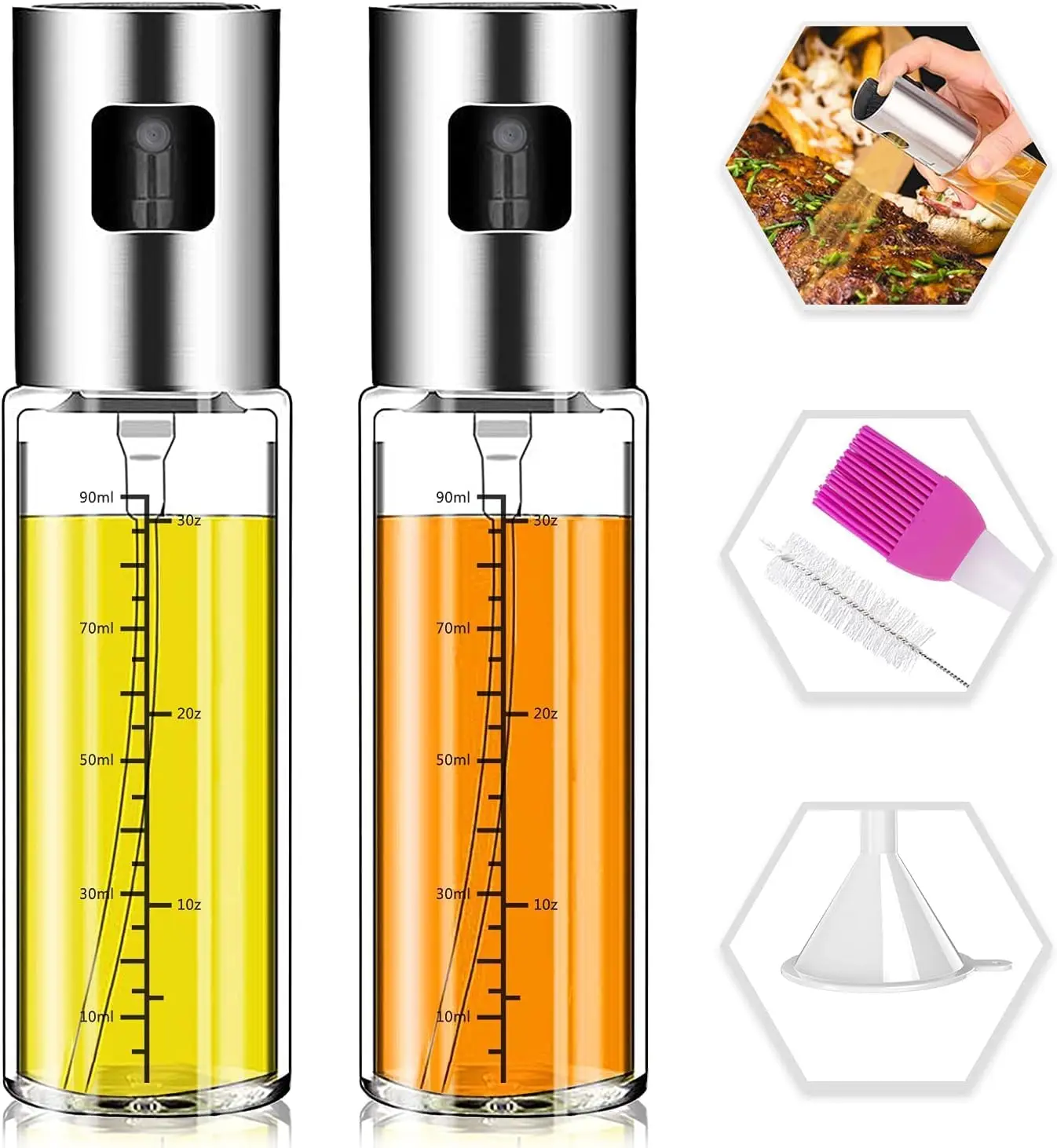 Juego de pulverizador de aceite, paquete de 2 botellas de spray de aceite de oliva mejoradas, recargable con escala, accesorios para freidora de aire para cocina,