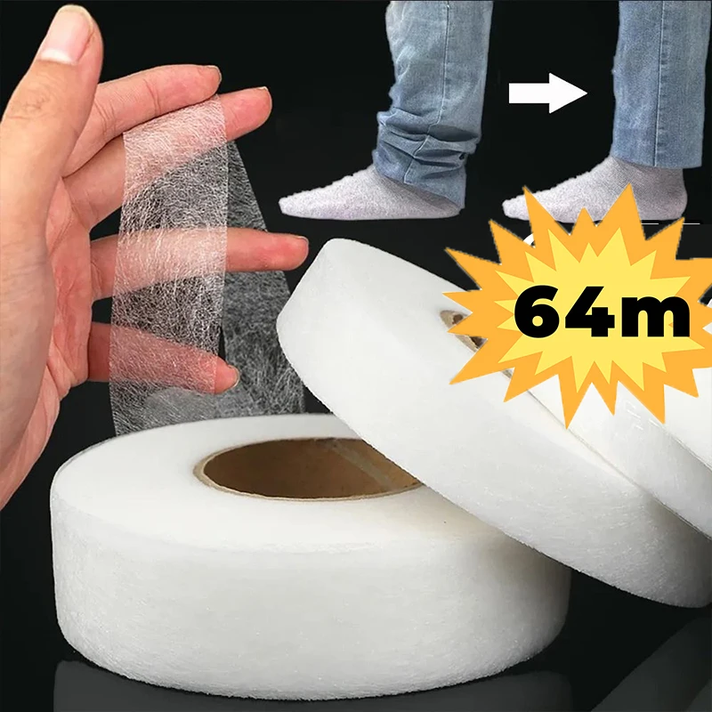 Cinta termoadhesiva para dobladillos de 64M/rollo, cinta autoadhesiva para pantalones, cinta adhesiva de doble cara no tejida para cortar pantalones, herramienta de costura DIY