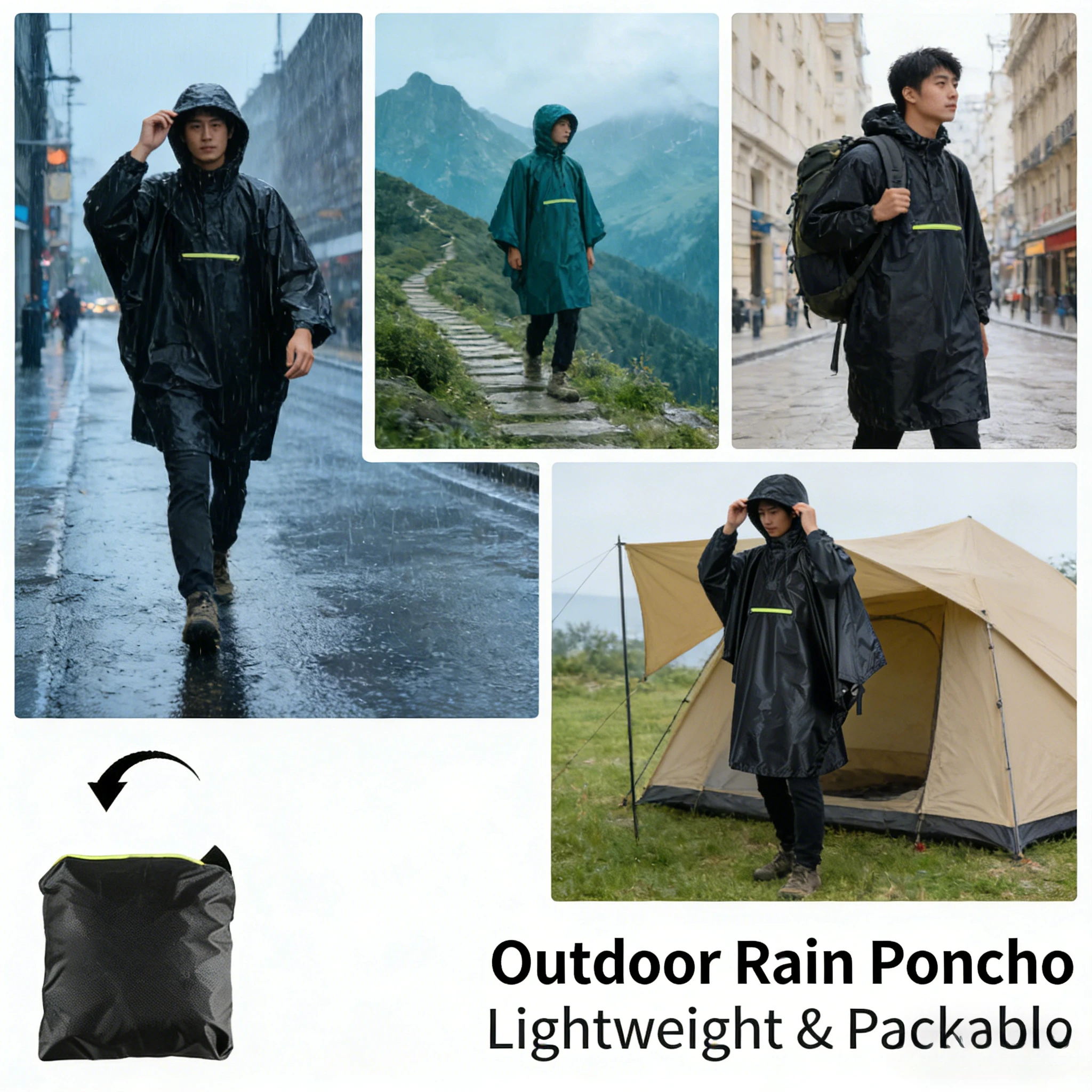 

3 in 1 Outdoor Rain Poncho Adult PU Coated Waterproof Cape Multifunctional Hiking Camping Trekking Travel Rain Gear