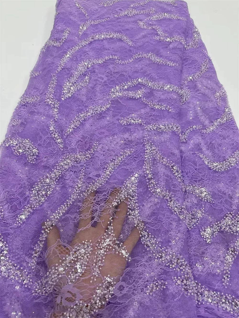 Purple Beaded Lace Fabric Luxury African Sequins Tulle Beaded Embroidery Lace For Wedding Bridal Fabric High Quality Mesh W117-1