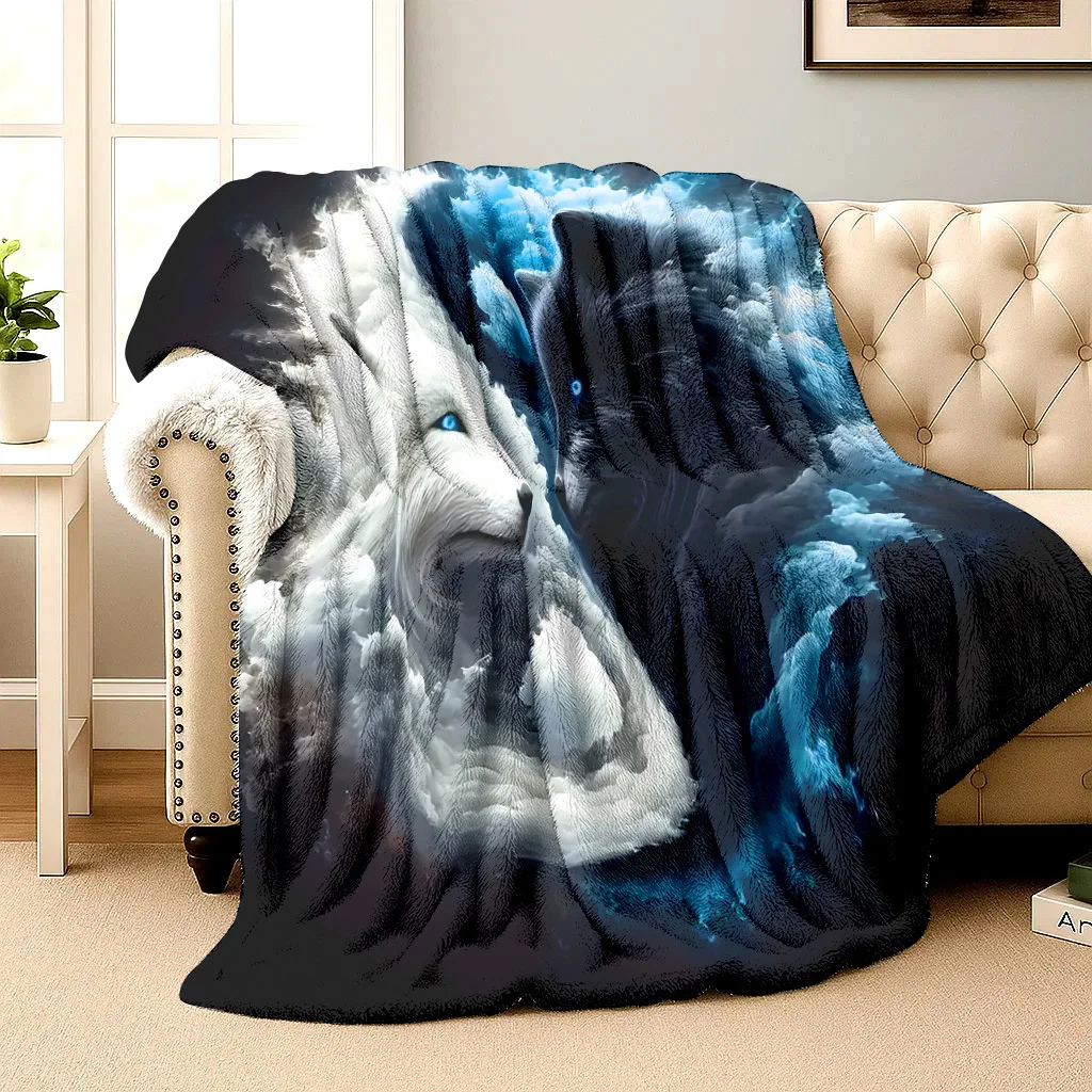 Flannel Blanket, 2D Printed Wolf Animal Yin Yang Art Mystical Throw, Birthday/Holiday Gift for Sofa/Bed/Camping/Office/Tourism U