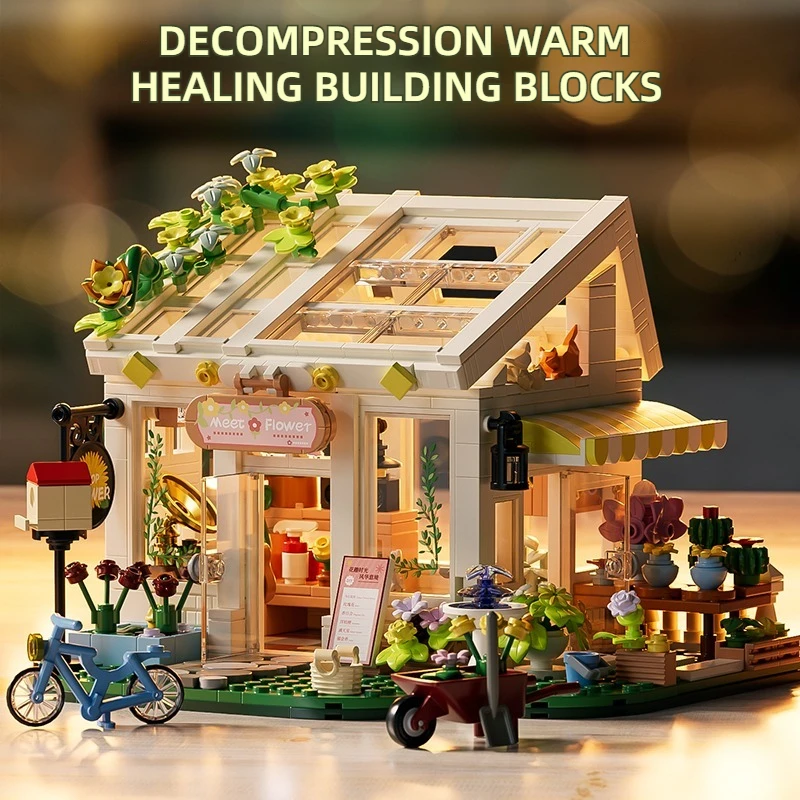 KAVOWORLD 832pcs Sunshine Greenhouse Flower House Building Blocks Set with LED Light DIY Miniature Kit for Kids Home Decor Gifts