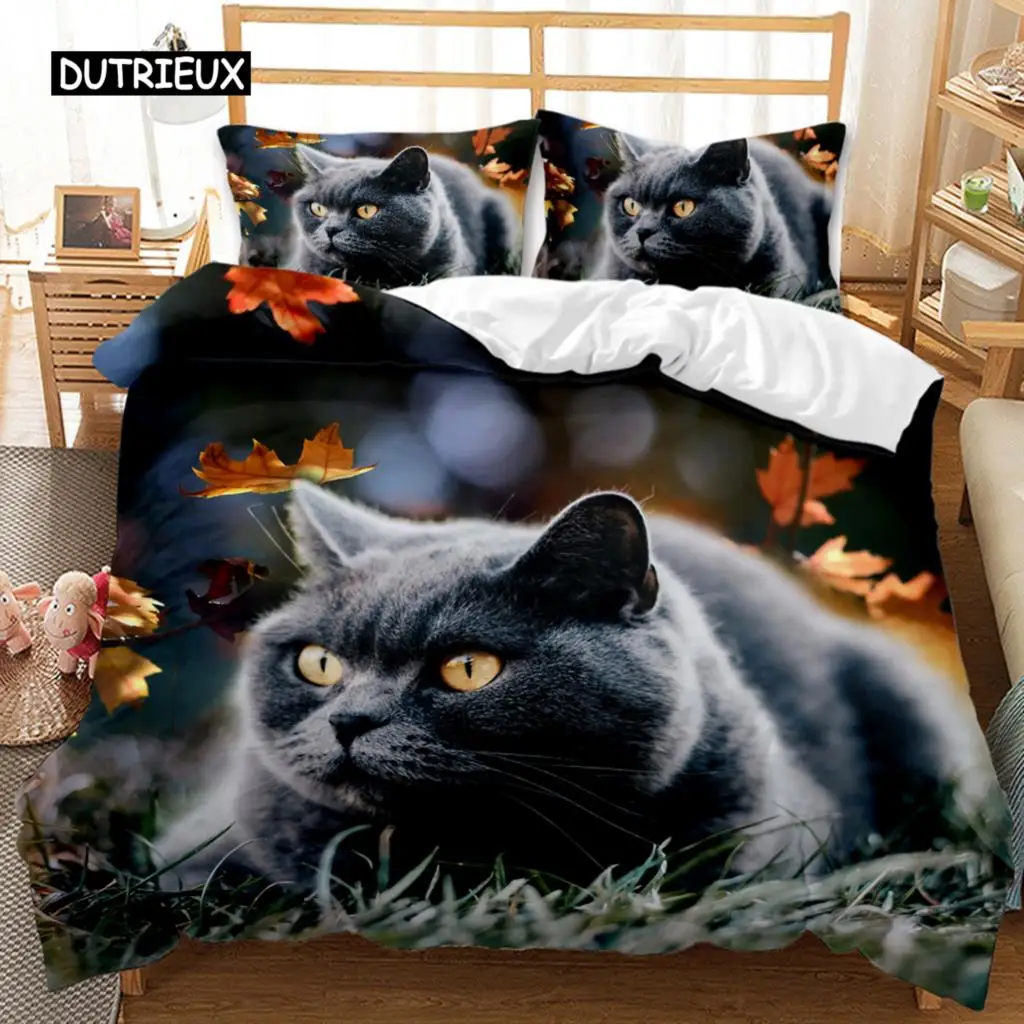 Cat Duvet Cover Set Lying Blue Cat Twin Bedding Set Kids Cute Kitten Comforter Cover Autumn Maple Leaves Polyester Quilt Cover